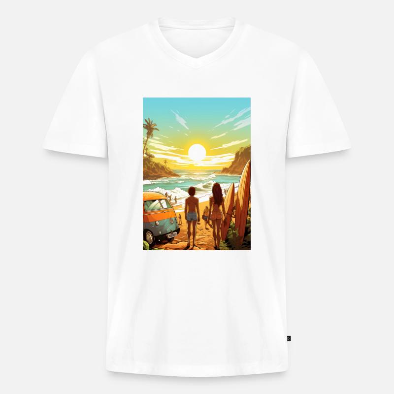 Strandszene mit Surfbrett - Männer Premium Bio T-Shirt mit V-Ausschnitt - Weiß