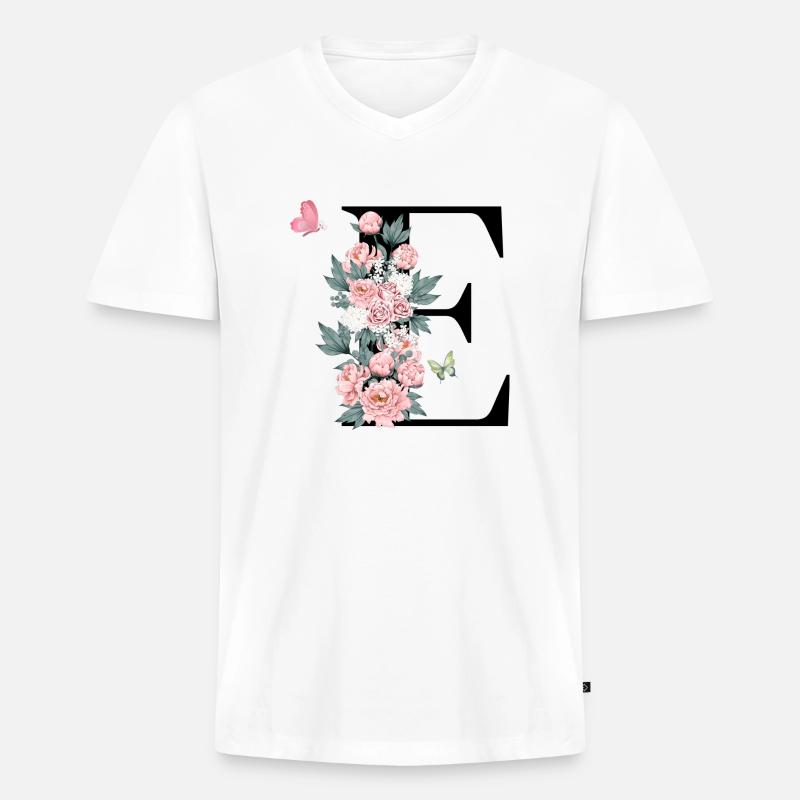 Buchstabe e rosa Blumen - Männer Premium Bio T-Shirt mit V-Ausschnitt - Weiß