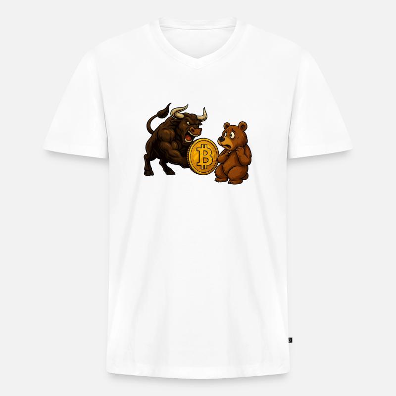 Bitcoin Bull vs. Bear - Männer Premium Bio T-Shirt mit V-Ausschnitt - Weiß