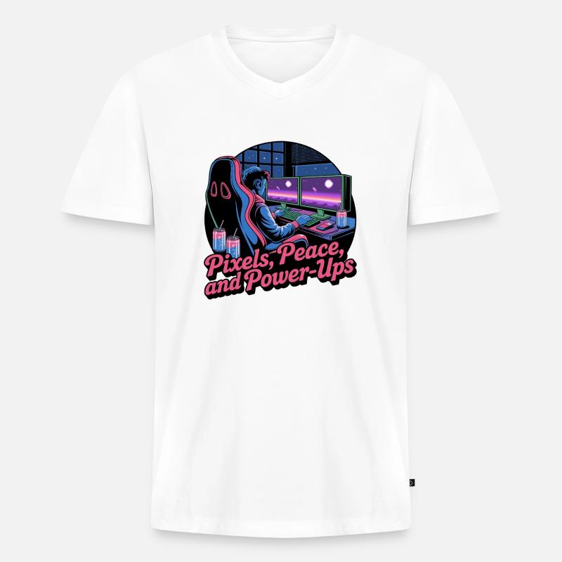 Pixels, Peace & Power-Ups – Gaming-Setup - Männer Premium Bio T-Shirt mit V-Ausschnitt - Weiß