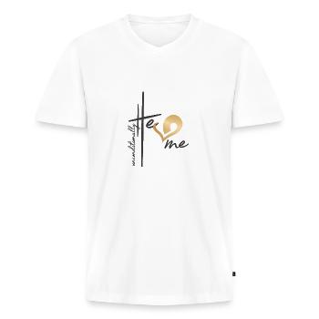 Christliches Design Er liebt mich bedingungslos - Männer Premium Bio T-Shirt mit V-Ausschnitt - Weiß - Vorne - Nico (187cm)