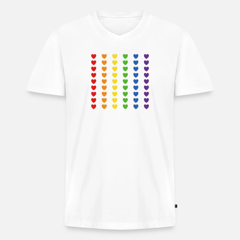 Regenbogen Flagge Herzen - Männer Premium Bio T-Shirt mit V-Ausschnitt - Weiß