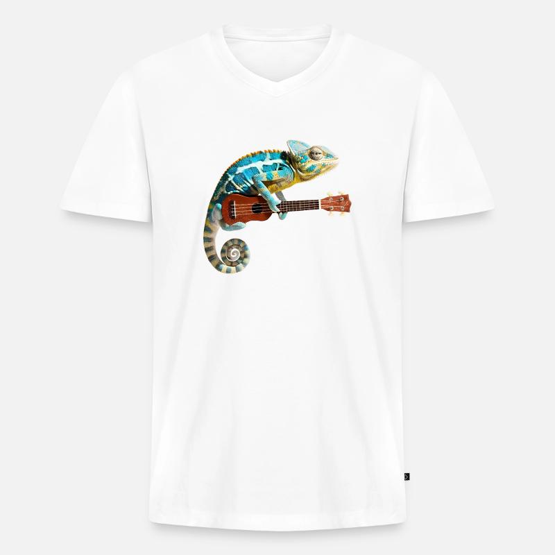 Chamäleon mit Ukulele - Männer Premium Bio T-Shirt mit V-Ausschnitt - Weiß