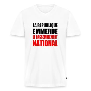 la republique emmerde le rassemblement national - T-shirt encolure en V Premium bio Homme - blanc - Devant - Nico (187cm)