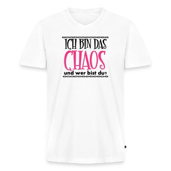 Ich bin das Chaos Geschenk - Männer Premium Bio T-Shirt mit V-Ausschnitt - Weiß - Vorne - Nico (187cm)