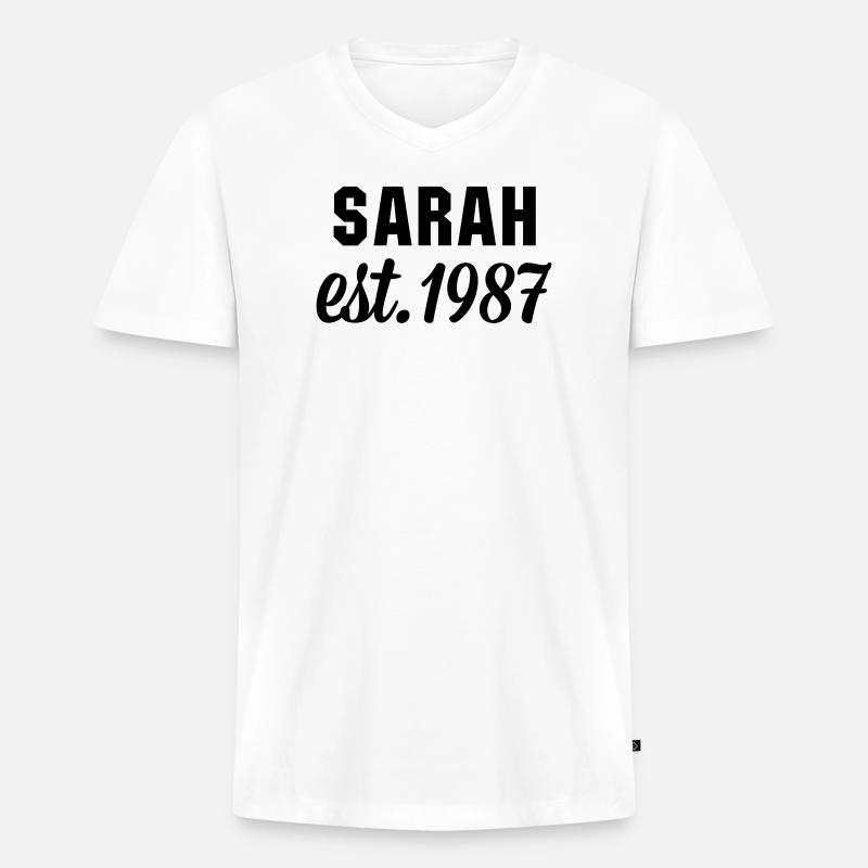 Sarah est 1987 - Männer Premium Bio T-Shirt mit V-Ausschnitt - Weiß