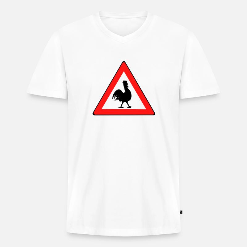 Hühnerwarnschild mit Humor - Männer Premium Bio T-Shirt mit V-Ausschnitt - Weiß