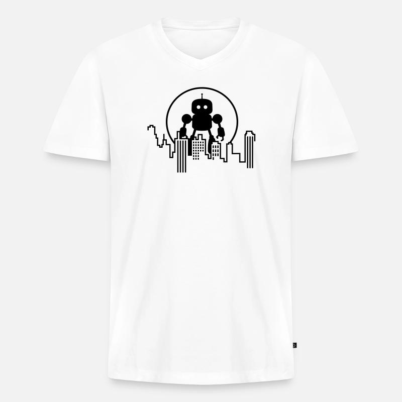 Futuristische Robot Skyline – Android - Männer Premium Bio T-Shirt mit V-Ausschnitt - Weiß