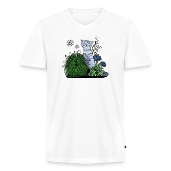 Lächelnde Katze im Blattwerk - Männer Premium Bio T-Shirt mit V-Ausschnitt - Weiß - Vorne - Nico (187cm)