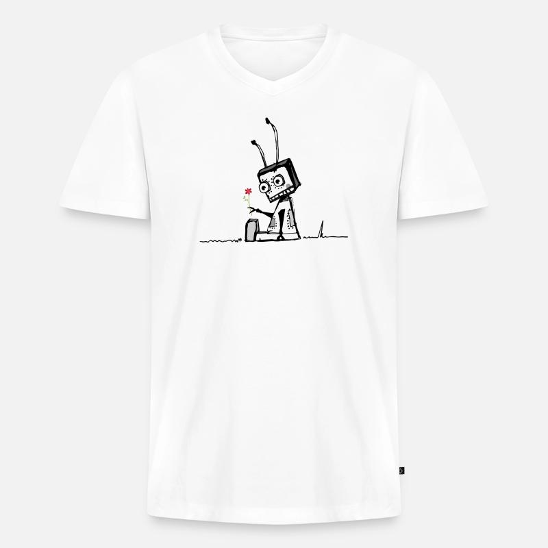 Roboter mit einer Blume - Männer Premium Bio T-Shirt mit V-Ausschnitt - Weiß