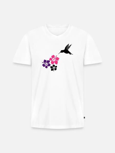 Colibri avec des fleurs d'hibiscus - T-shirt encolure en V Premium bio Homme - blanc