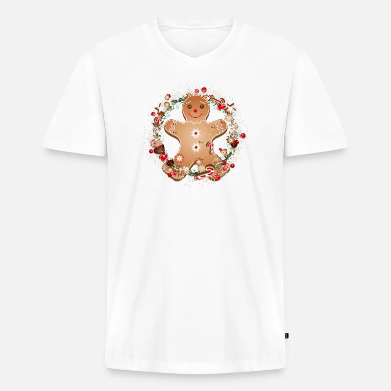 fröhlicher Lebkuchenmann im Plätzchen Kranz - Männer Premium Bio T-Shirt mit V-Ausschnitt - Weiß