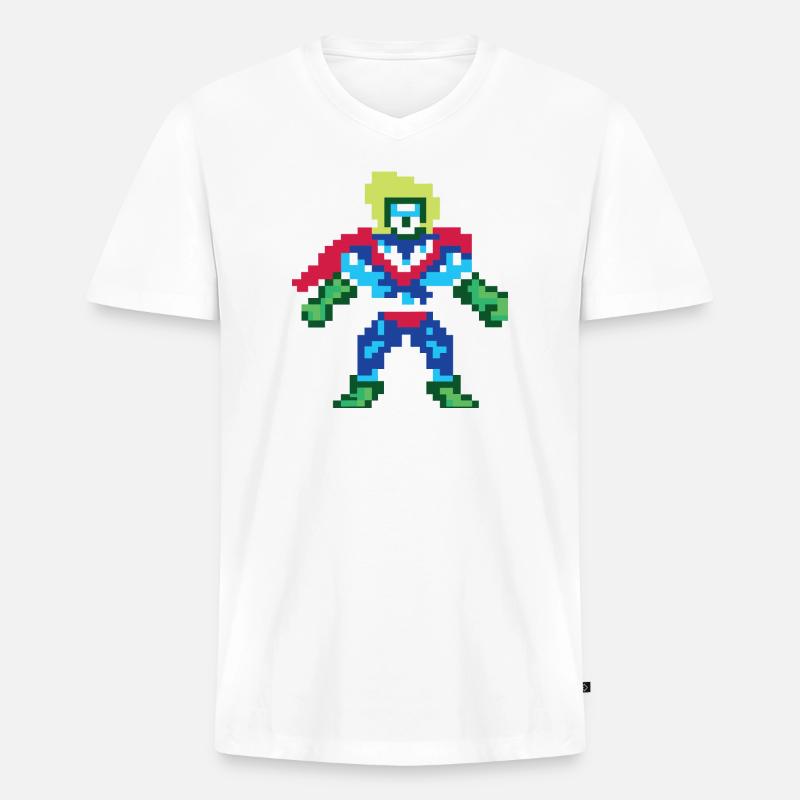 Pixel Art Superheld – Männlicher Held - Männer Premium Bio T-Shirt mit V-Ausschnitt - Weiß