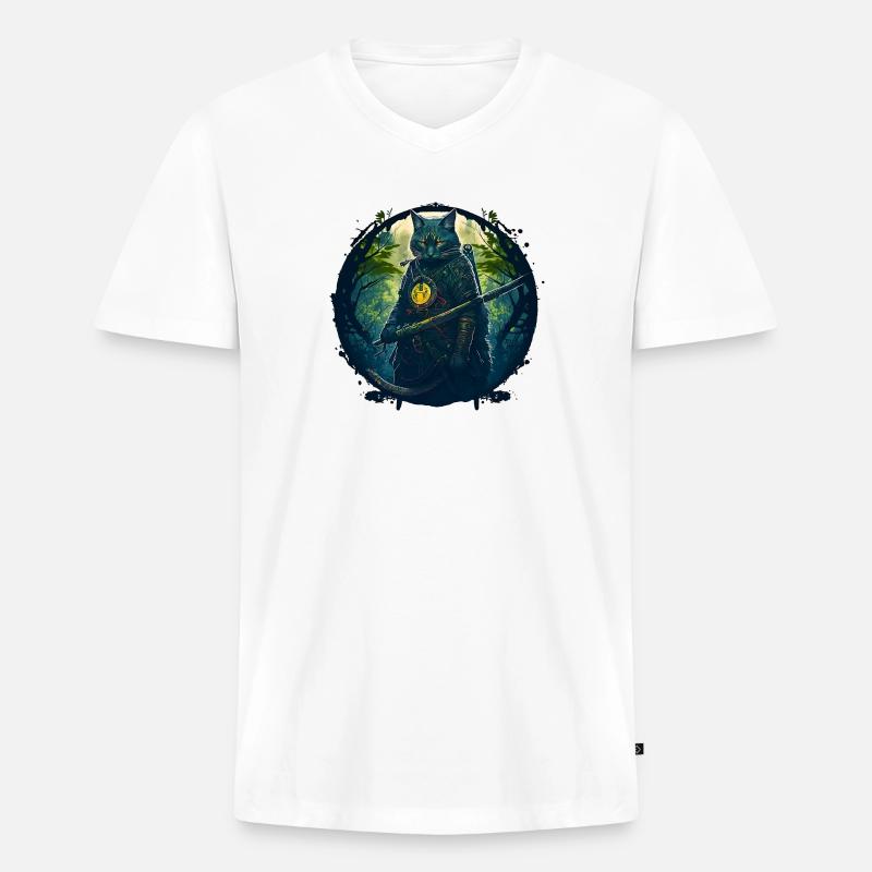 Katze als Samurai in Wald - Männer Premium Bio T-Shirt mit V-Ausschnitt - Weiß
