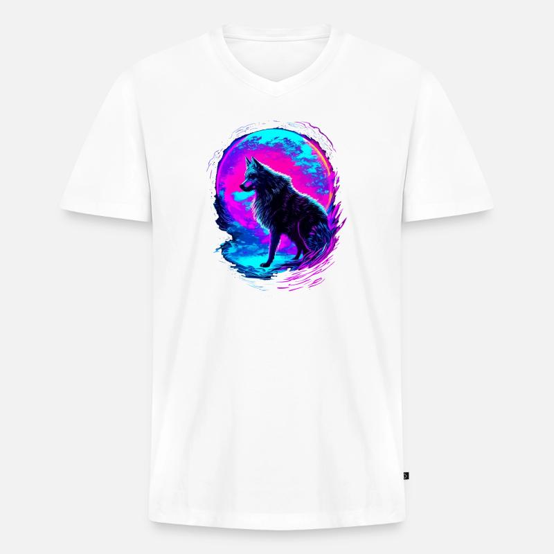 Wolf Neon Moon Synthwave - Männer Premium Bio T-Shirt mit V-Ausschnitt - Weiß