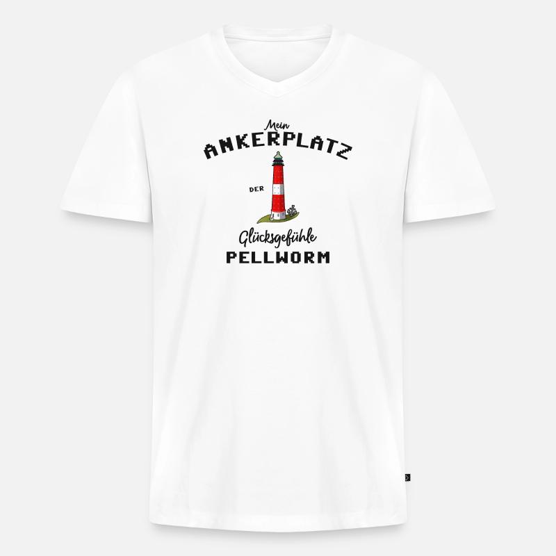 Pellworm, Ankerplatz Glücksgefühle, Leuchtturm - Männer Premium Bio T-Shirt mit V-Ausschnitt - Weiß