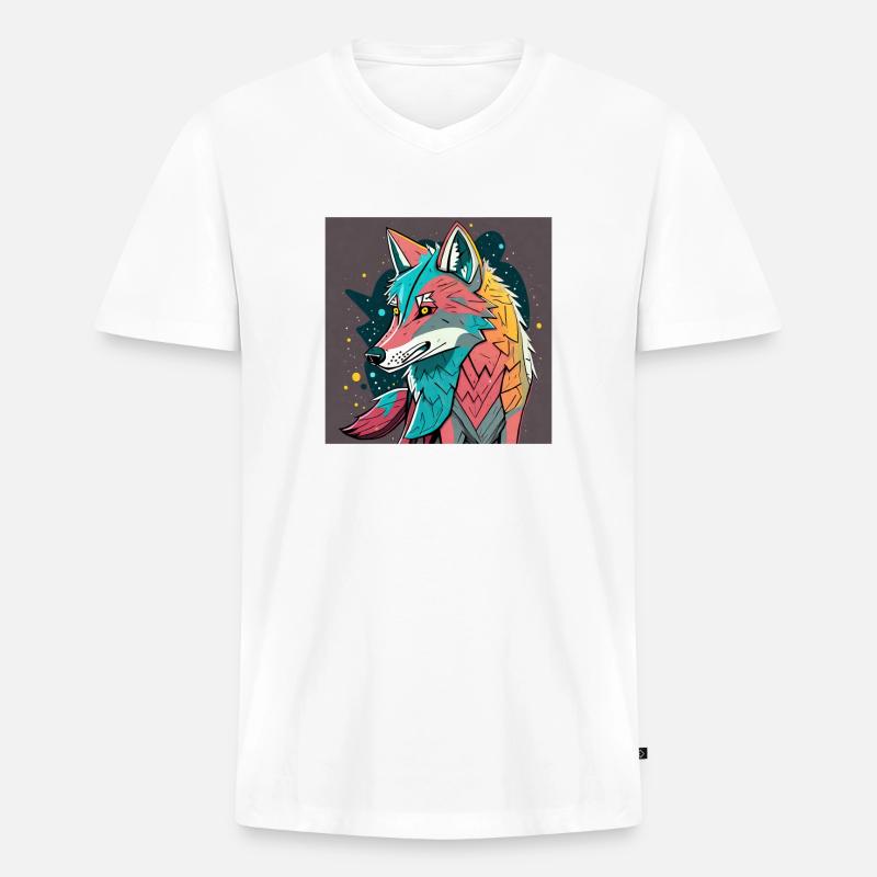 Geometrischer Wolf Farbexplosion - Männer Premium Bio T-Shirt mit V-Ausschnitt - Weiß