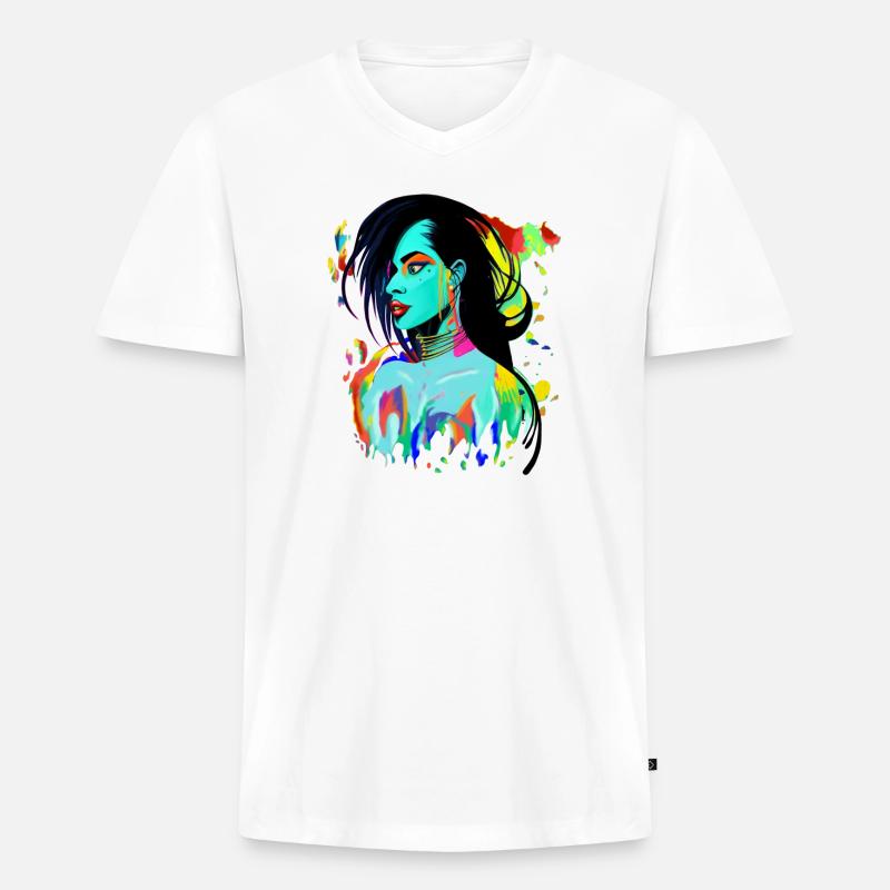 Neon Porträt Farbexplosion - Männer Premium Bio T-Shirt mit V-Ausschnitt - Weiß