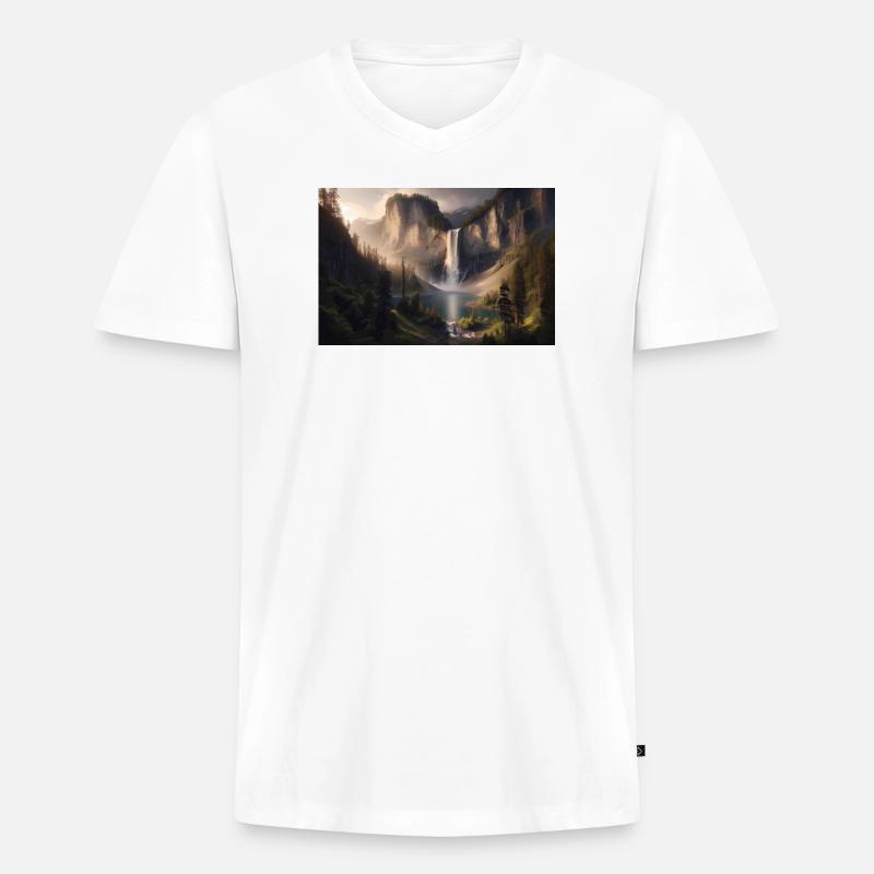 Poster Ölgemälde Berglandschaft mit Wasserfall - Männer Premium Bio T-Shirt mit V-Ausschnitt - Weiß