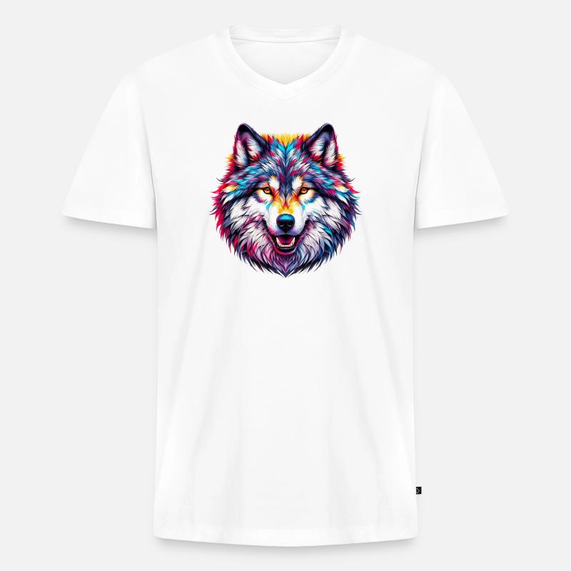 Wolf - Männer Premium Bio T-Shirt mit V-Ausschnitt - Weiß