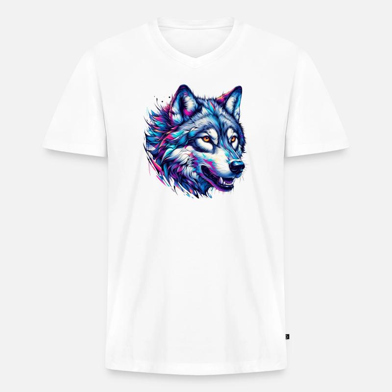 Wolf - Männer Premium Bio T-Shirt mit V-Ausschnitt - Weiß