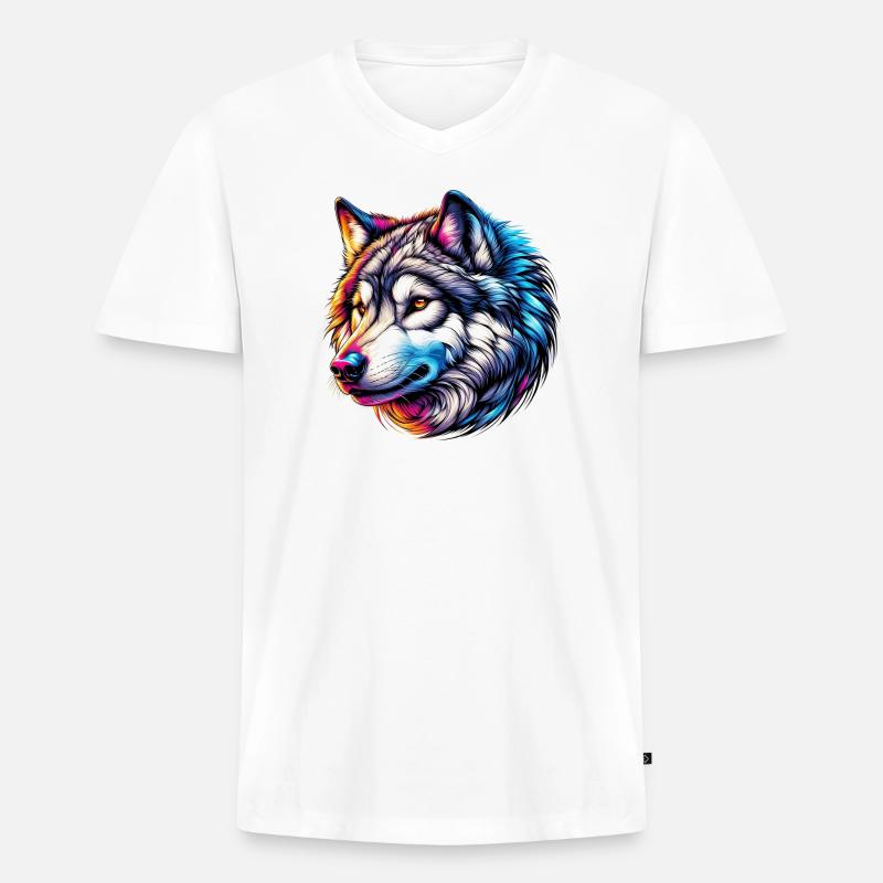 Wolf - Männer Premium Bio T-Shirt mit V-Ausschnitt - Weiß