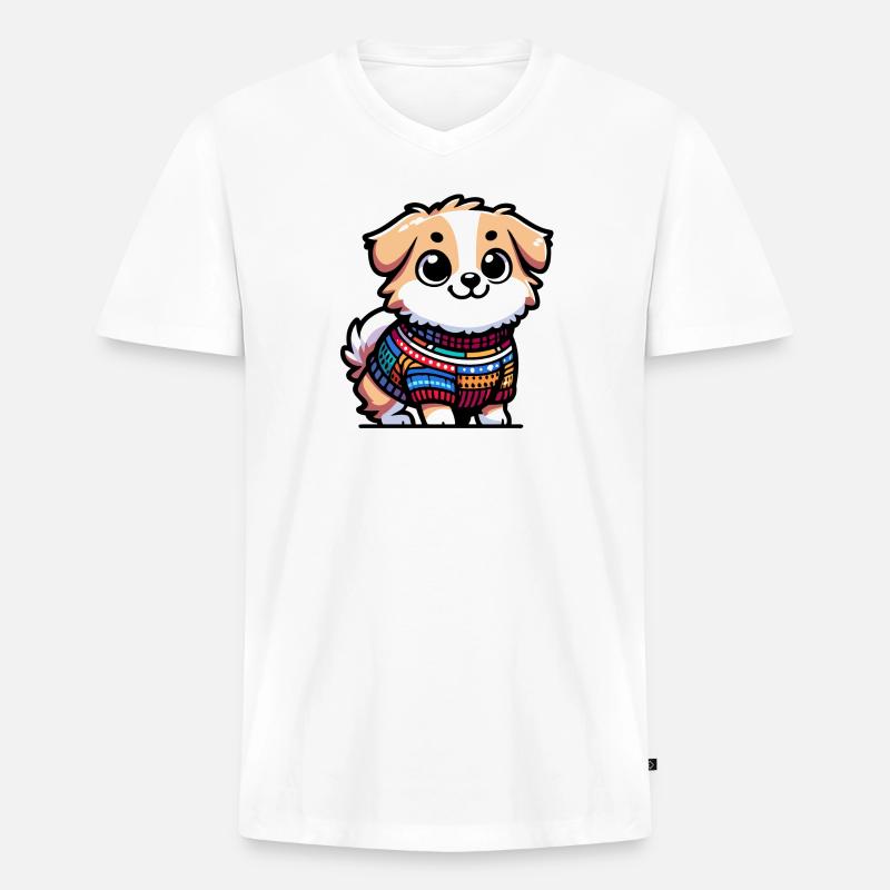 Snug Pup: Der Pullover tragende Hund - Männer Premium Bio T-Shirt mit V-Ausschnitt - Weiß