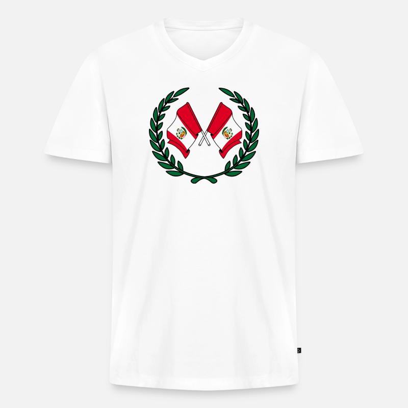 Flaggen Perus im Lorbeerkranz - Männer Premium Bio T-Shirt mit V-Ausschnitt - Weiß