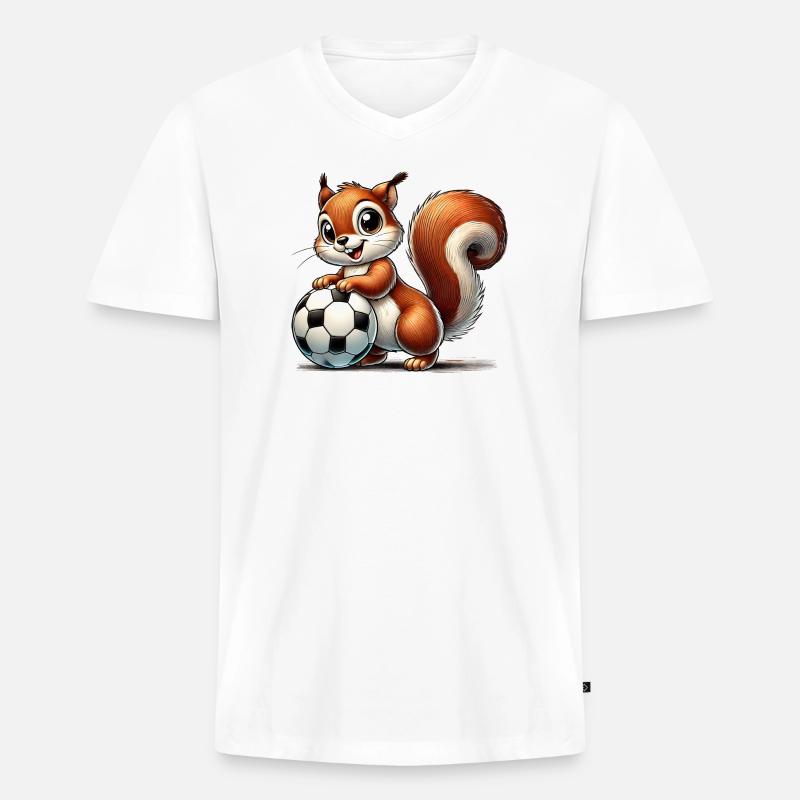 fröhliches Eichhörnchen, spielt Fußball - Männer Premium Bio T-Shirt mit V-Ausschnitt - Weiß