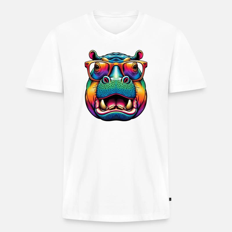 Nilpferd mit Brille - Männer Premium Bio T-Shirt mit V-Ausschnitt - Weiß