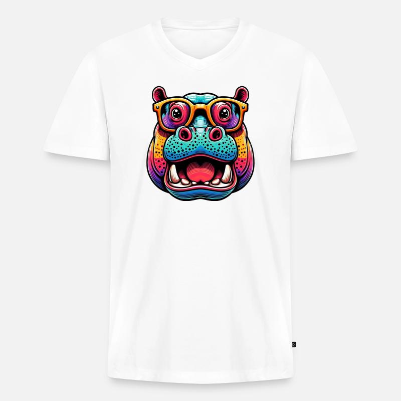Nilpferd mit Brille - Männer Premium Bio T-Shirt mit V-Ausschnitt - Weiß