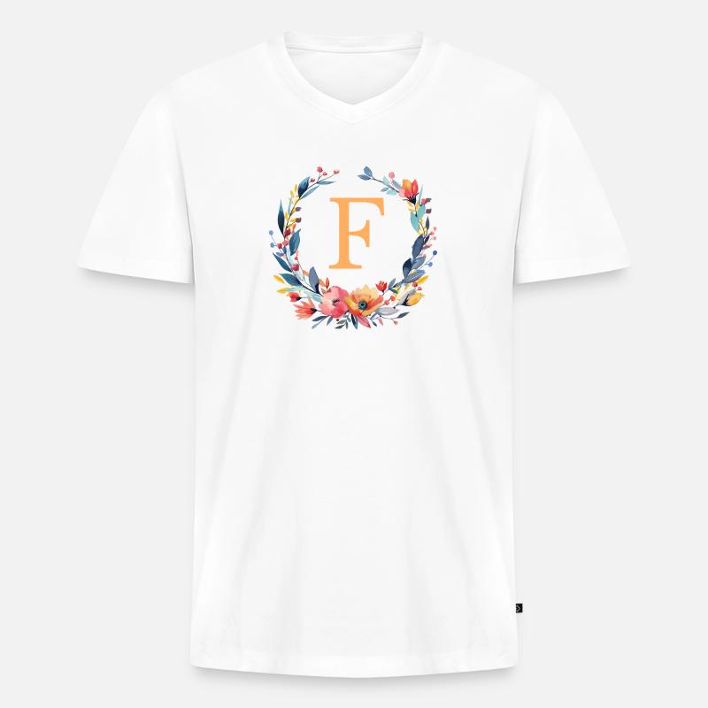 F Monogramm, Blumen-Kranz, personalisierbar - Männer Premium Bio T-Shirt mit V-Ausschnitt - Weiß