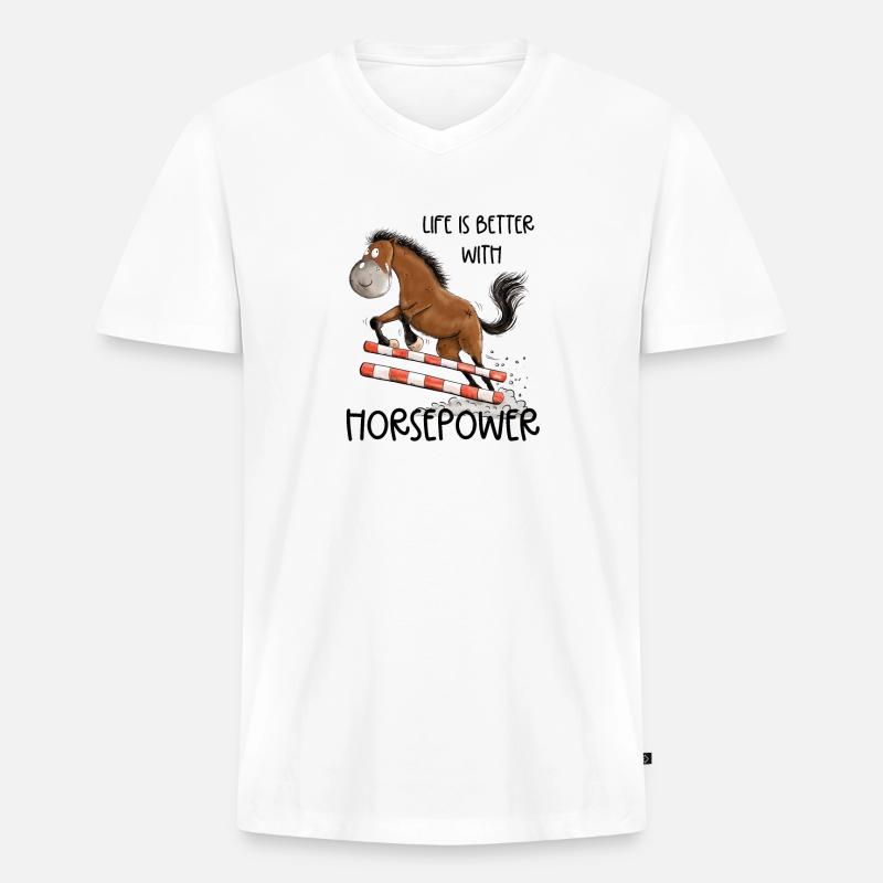 Witziges Springpferd Springreiten Tunier Pferd - Männer Premium Bio T-Shirt mit V-Ausschnitt - Weiß