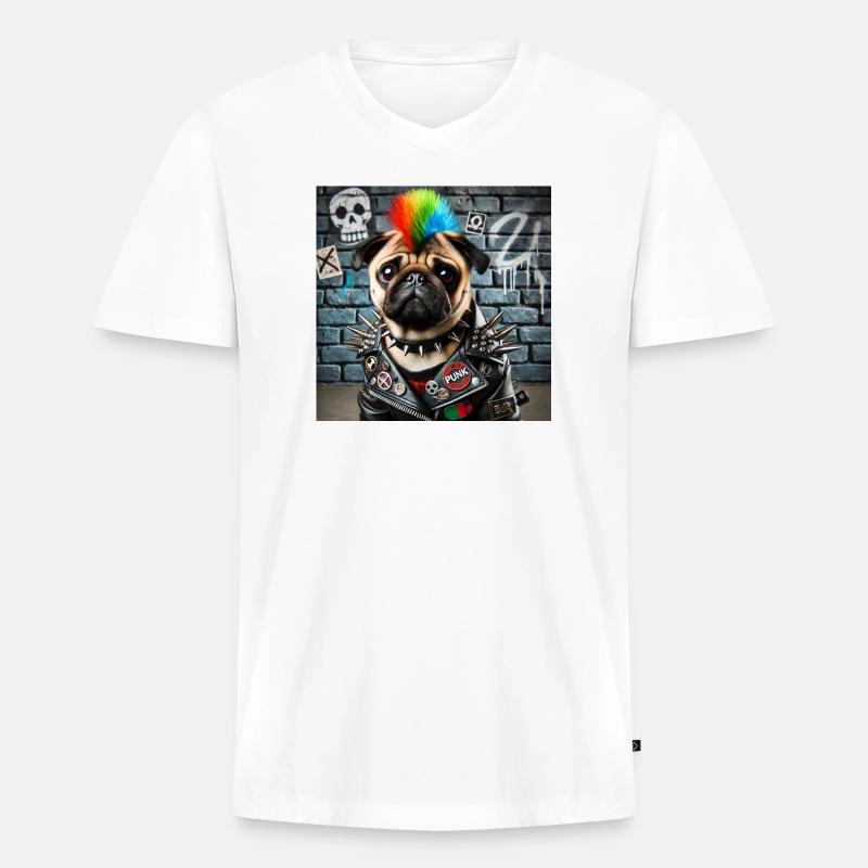 Punk Mops mit Regenbogenmähne - Männer Premium Bio T-Shirt mit V-Ausschnitt - Weiß