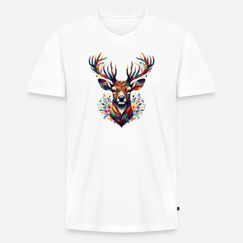 Hirsch - Männer Premium Bio T-Shirt mit V-Ausschnitt - Weiß