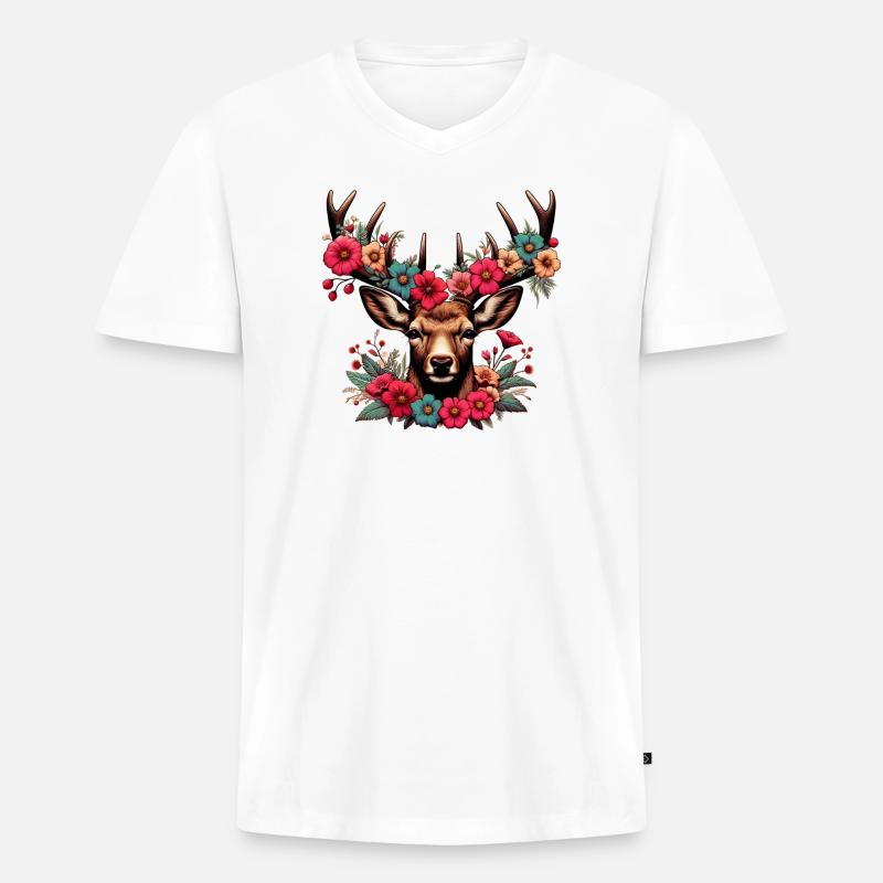 Hirsch mit Blumen - Männer Premium Bio T-Shirt mit V-Ausschnitt - Weiß