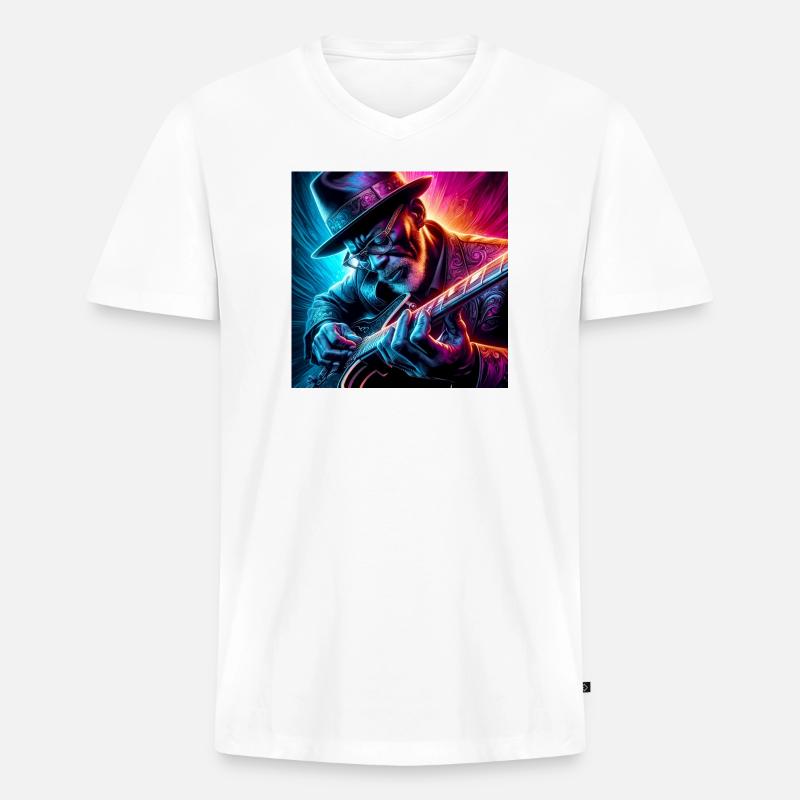 Retro Neon Effekte Gitarrist - Männer Premium Bio T-Shirt mit V-Ausschnitt - Weiß