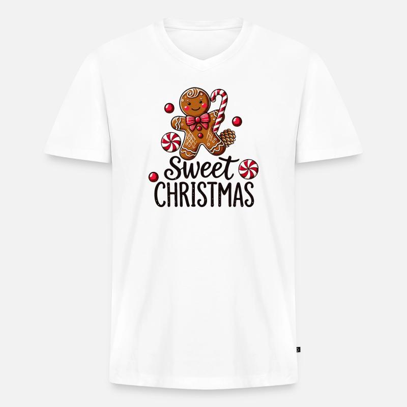 Fröhlicher Lebkuchenmann mit Zuckerstange - Männer Premium Bio T-Shirt mit V-Ausschnitt - Weiß