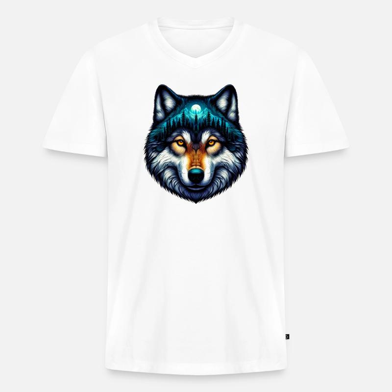 Wolf - Männer Premium Bio T-Shirt mit V-Ausschnitt - Weiß