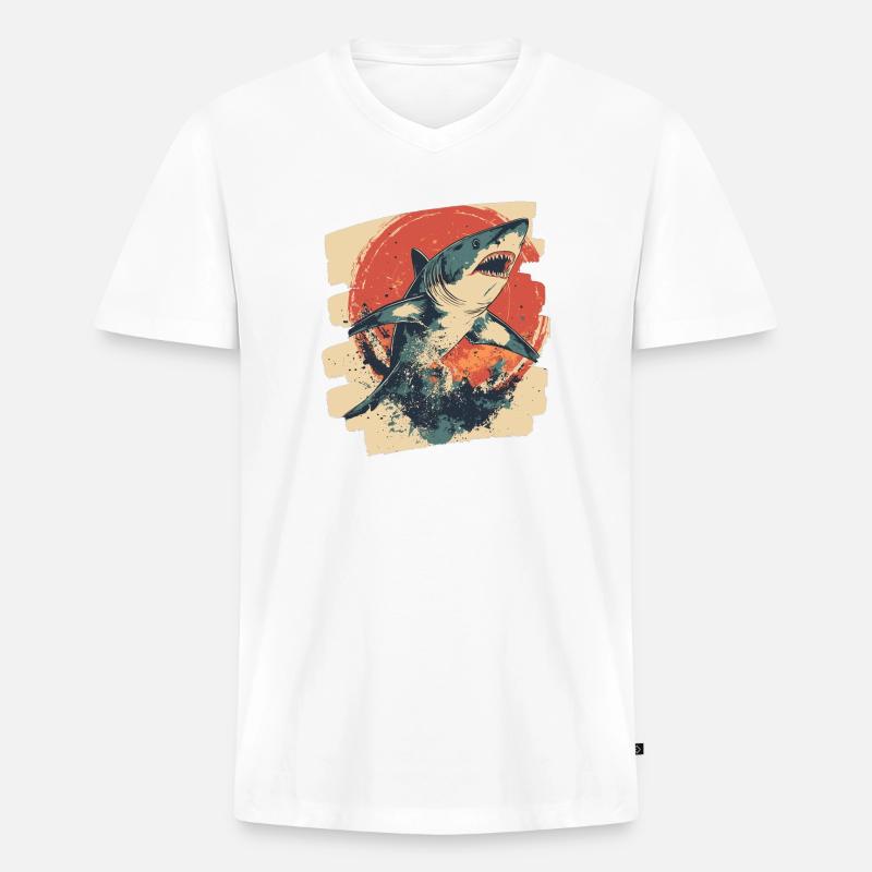 Haifisch Retro - Männer Premium Bio T-Shirt mit V-Ausschnitt - Weiß