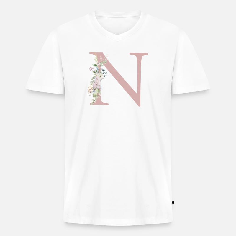 N Monogramm, Floral, personalisierbar - Männer Premium Bio T-Shirt mit V-Ausschnitt - Weiß