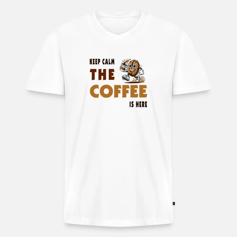 Keep Calm – The Coffee Is Here - Männer Premium Bio T-Shirt mit V-Ausschnitt - Weiß