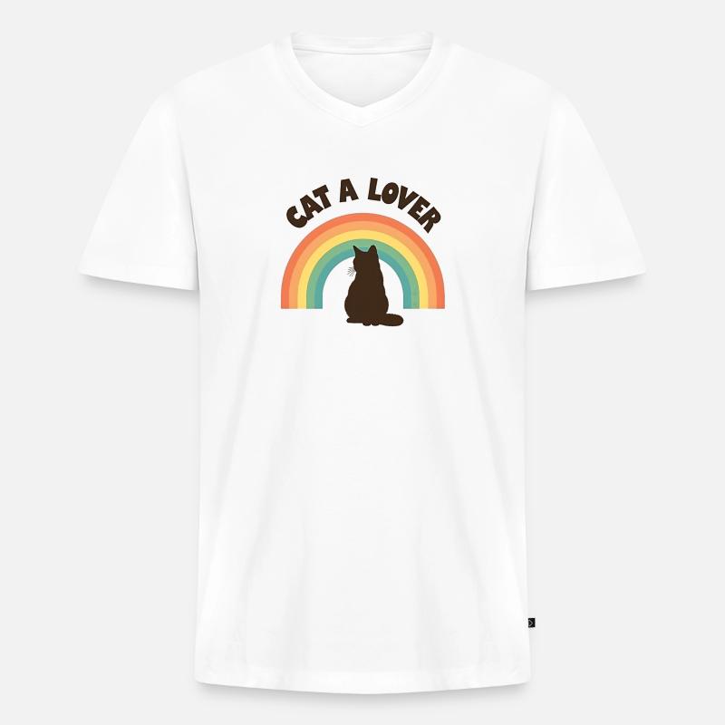 Regenbogen Liebe Katze - Männer Premium Bio T-Shirt mit V-Ausschnitt - Weiß