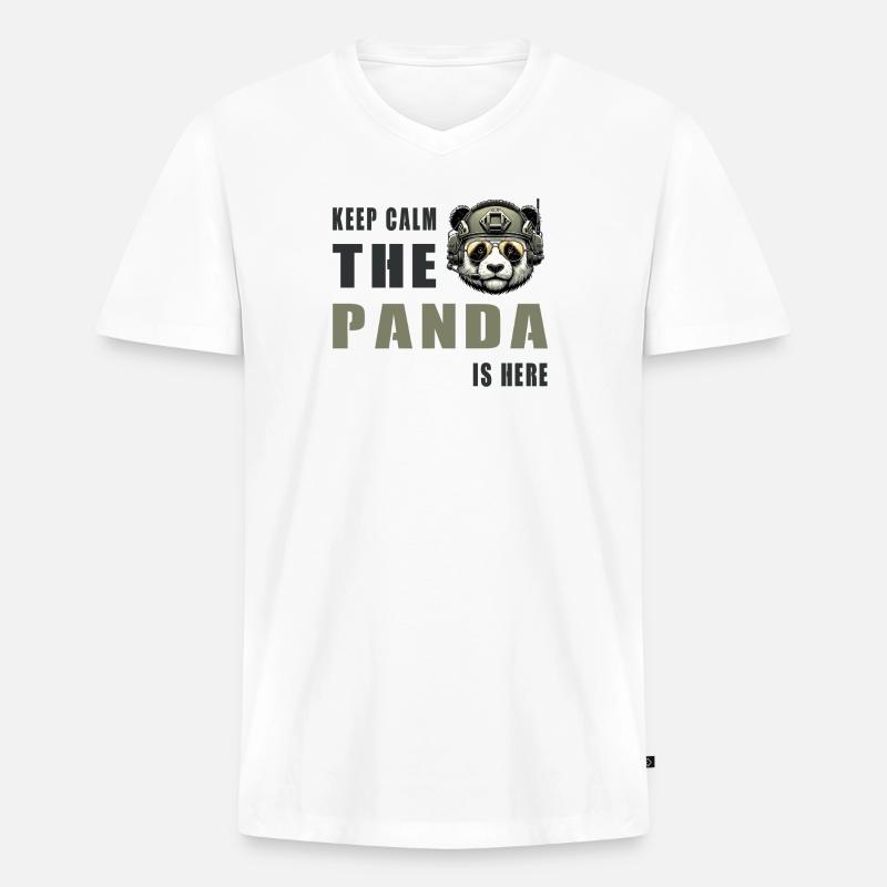 Panda tactique – Restez calme - T-shirt encolure en V Premium bio Homme - blanc
