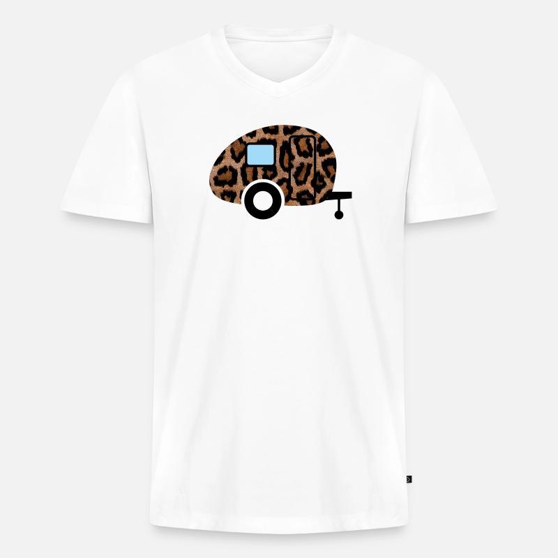 Wohnwagen Leopard Caravan Tierliebe Camping Retro - Männer Premium Bio T-Shirt mit V-Ausschnitt - Weiß