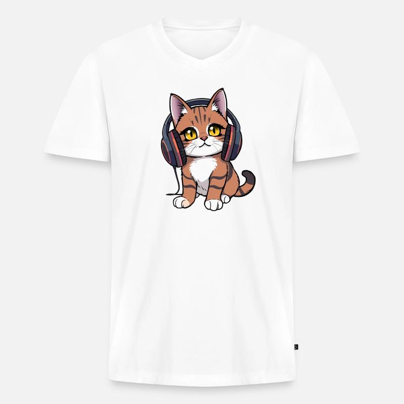 Katze mit Kopfhörer - Männer Premium Bio T-Shirt mit V-Ausschnitt - Weiß