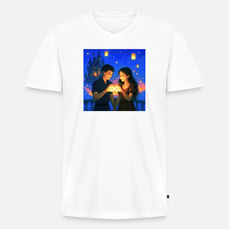 Romantisches Paar mit glühendem Infinity-Herz - Männer Premium Bio T-Shirt mit V-Ausschnitt - Weiß