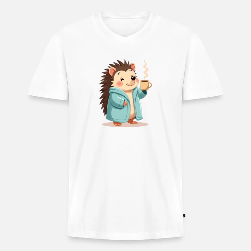 Hedgehog Mit Kaffee Pullover Design - Männer Premium Bio T-Shirt mit V-Ausschnitt - Weiß