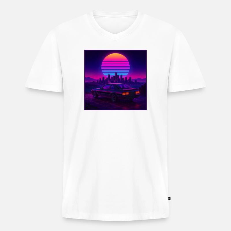 Neon Outrun Sunset Auto – Retro Synthwave - Männer Premium Bio T-Shirt mit V-Ausschnitt - Weiß