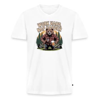 Travaille dur, fais la sieste, plus dur, ours - T-shirt encolure en V Premium bio Homme - blanc - Devant - Nico (187cm)